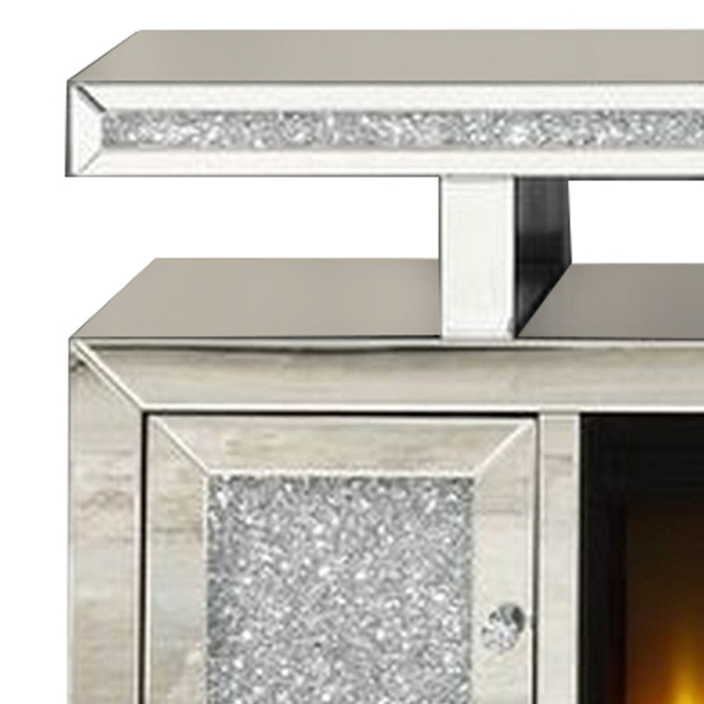 Benzara BM262195 Mirrored TV Stand With LED Fireplace and Remote, Silver