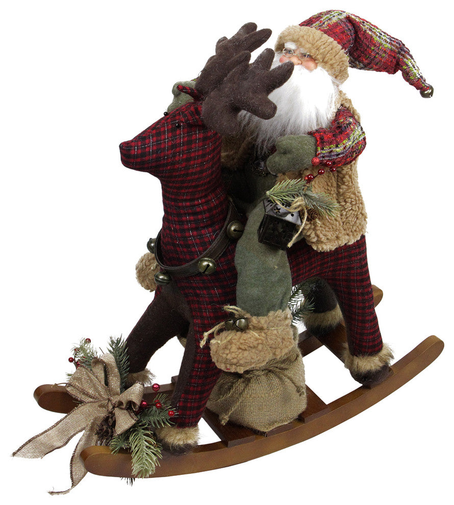 25" Country Rustic Santa Claus on Plaid Rocking Horse Christmas Figure