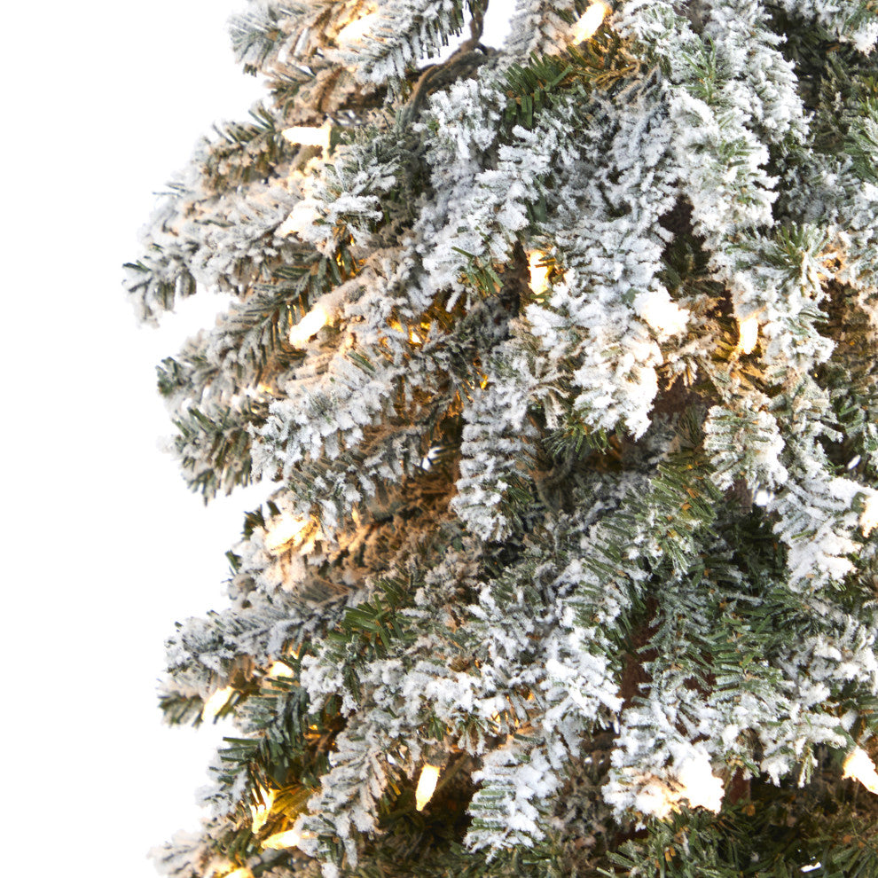 6' Flocked Grand Alpine Faux Xmas Tree W/Lights & Natural Trunk