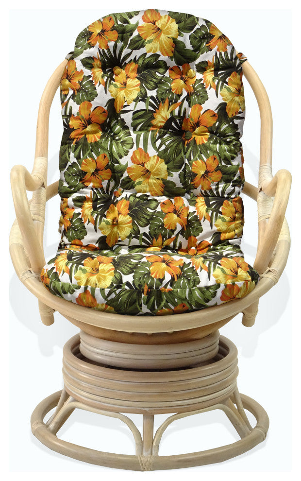 Java Lounge Swivel Rocking Chair Rattan Wicker, White Wash, Floral Cushion