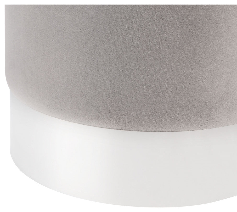 Madelyn Velvet Round Ottoman With Metal Base, Gray/Chrome
