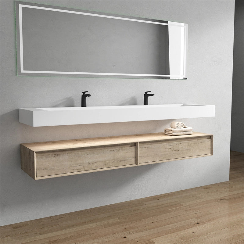 Alysa 84'' Floating Vanity, Acrylic Sink, Double Faucet Hole, Light White Oak