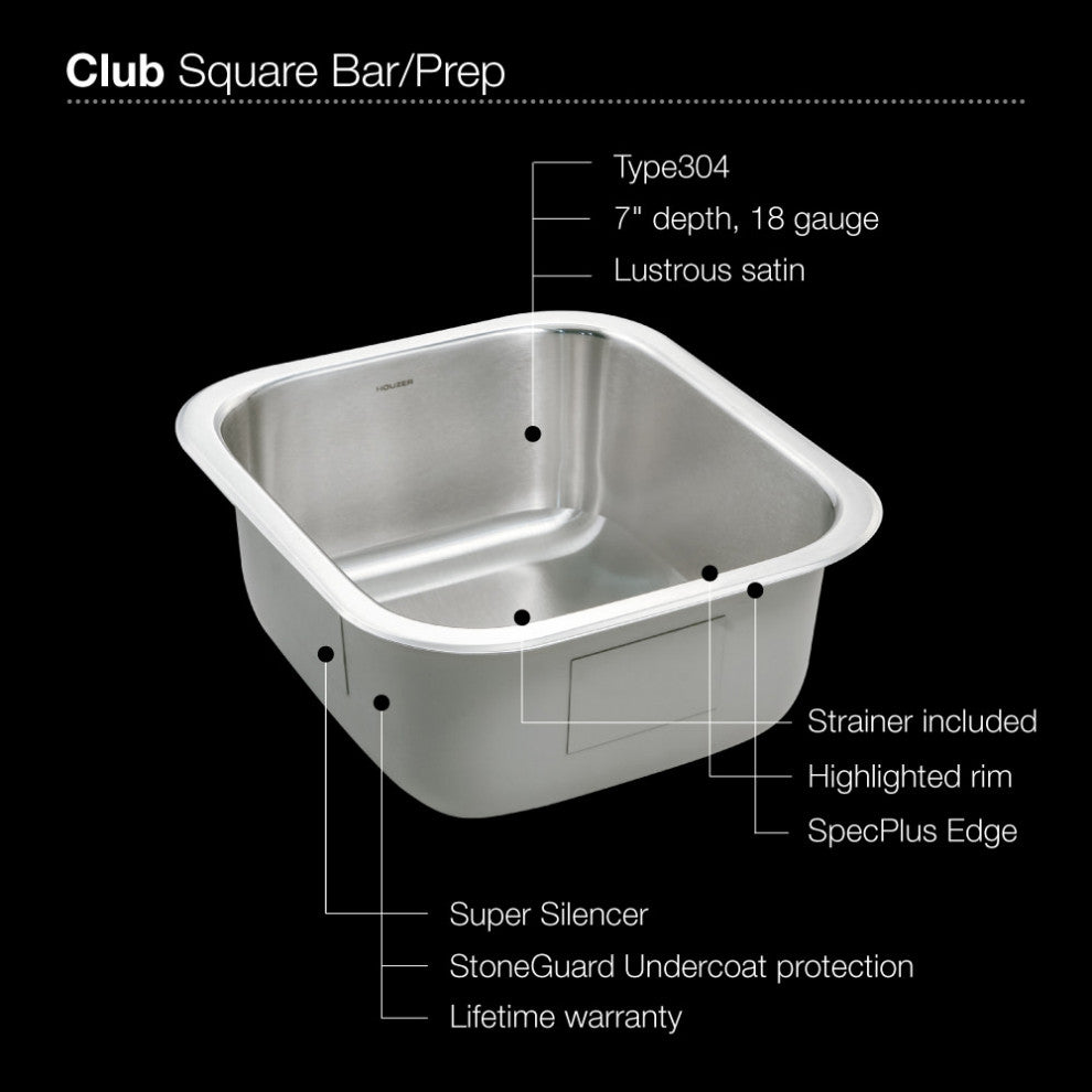 Houzer MS-1708 Club 16-1/4" Undermount Single Basin Stainless - Stainless Steel