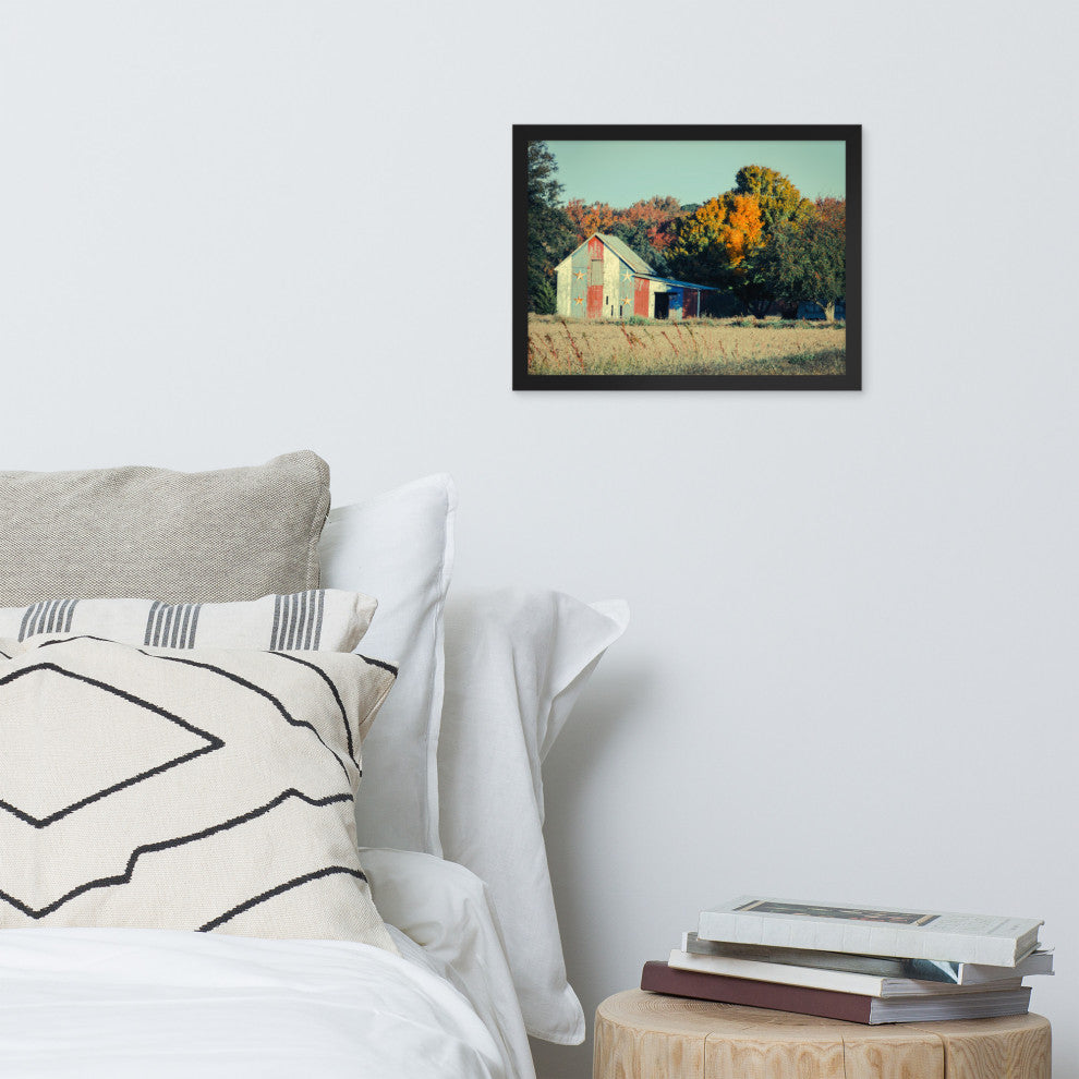 Patriotic Weathered Barn in Field Cross Processed Framed Photo Wall Art Prints, Black, 12" X 16"