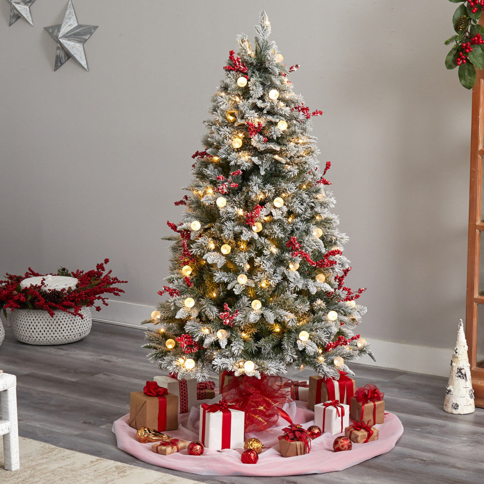 6' Snow Tipped Norwegian Fir Pre-Lit Faux Xmas Tree W/Lights, Berries