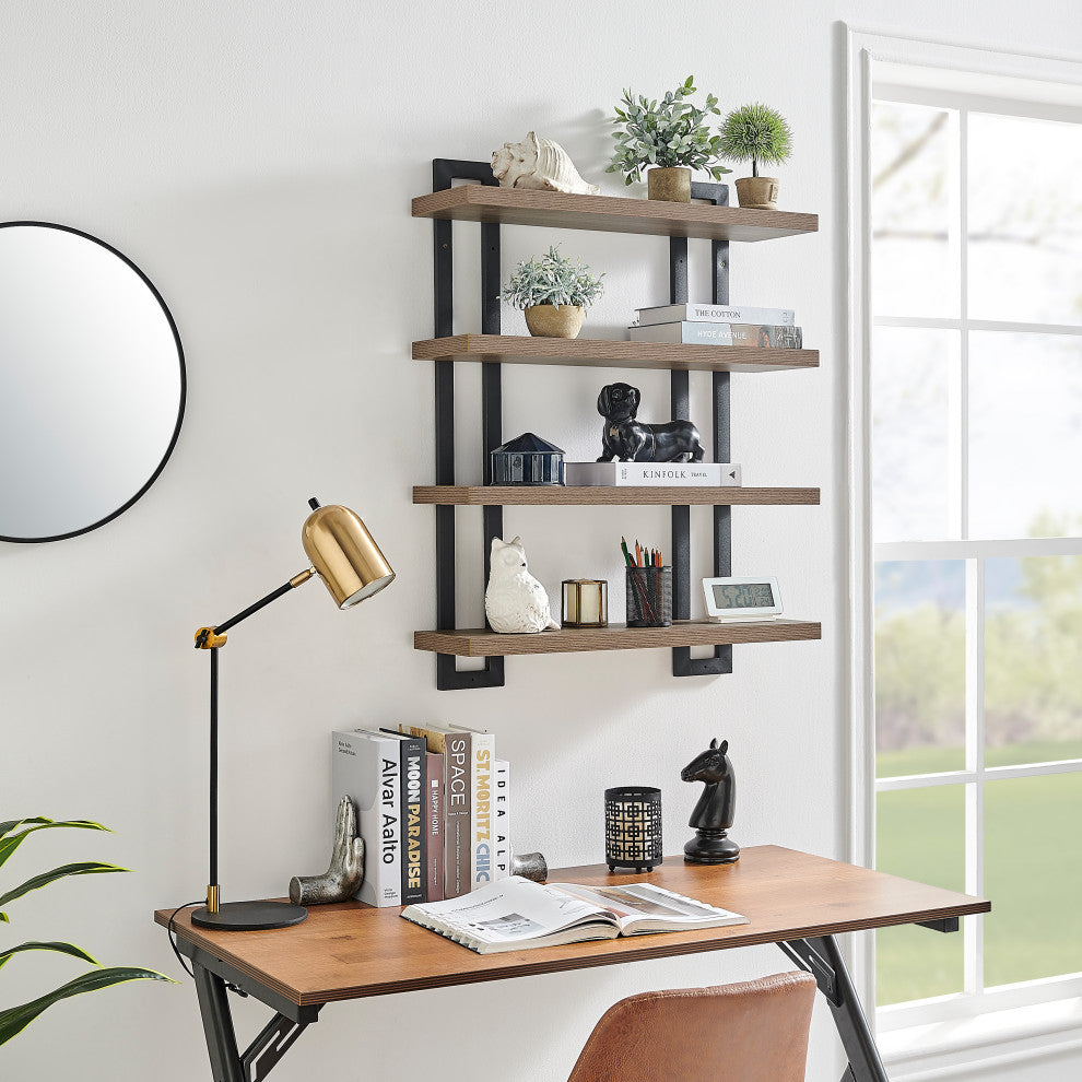 Danya B. 4-Tier Floating Bracket Wall Shelf Metal and MDF Finish, Walnut