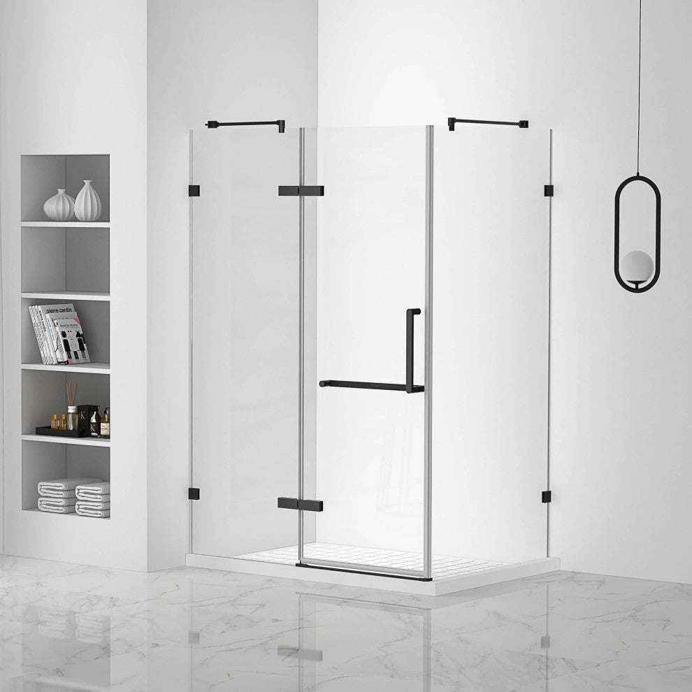 Shower Enclosure Hinged Frameless Tempered Glass, Black, 36"