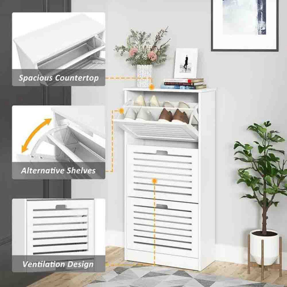 TATEUS Narrow Shoe Storage Cabinet Organizer with 3 Flip Drawers,White