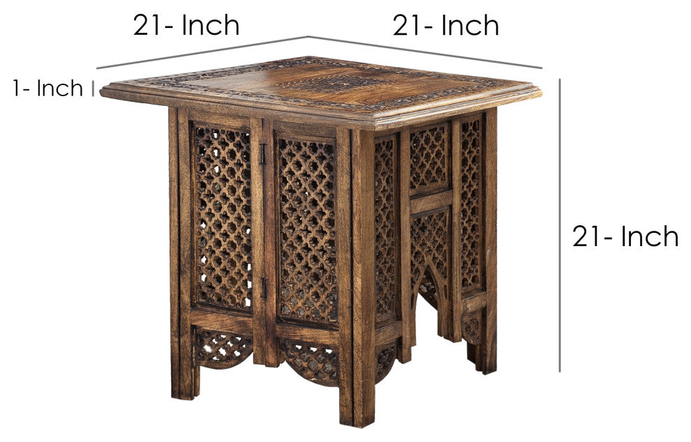 21" Boho End Table Floral Carved Foldable Panel Legs Walnut Brown