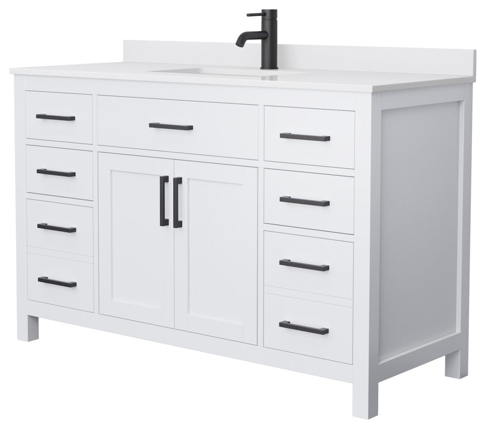 54"SGL Bathroom Vanity, White, White Cult. Marble Countertop, Sink, Black Trim