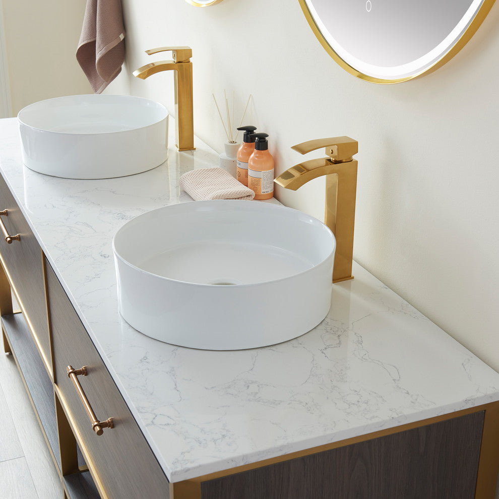 Murcia Vanity With White Stone Countertop, Suleiman Oak, 72", With Mirror