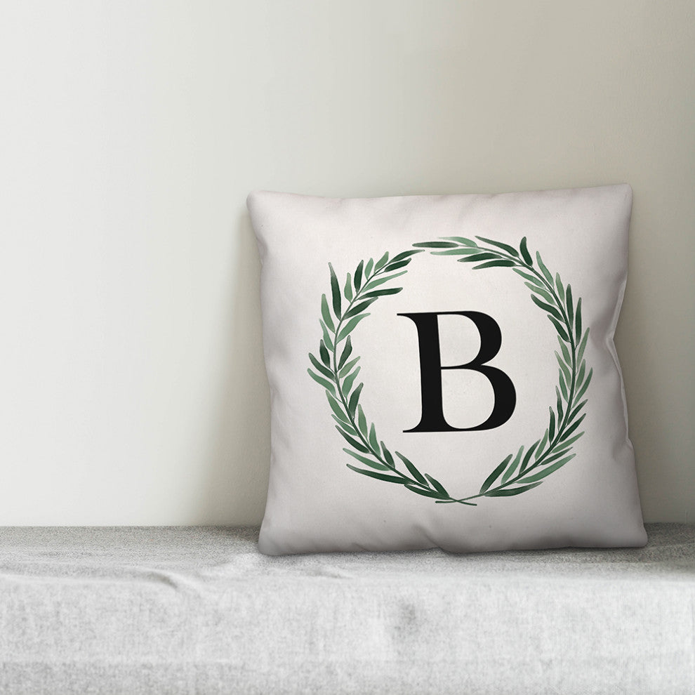 Watercolor Greenery Wreath Monogram - B 18x18 Spun Poly Pillow