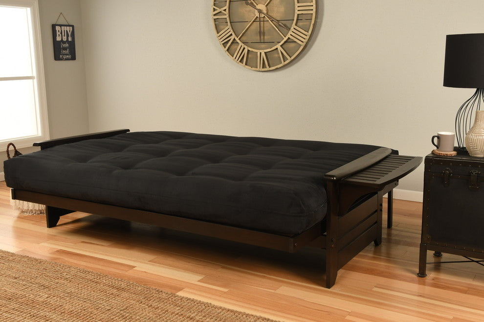 Mesa Frame Queen Futon With Espresso Finish, Espresso, Suede Black