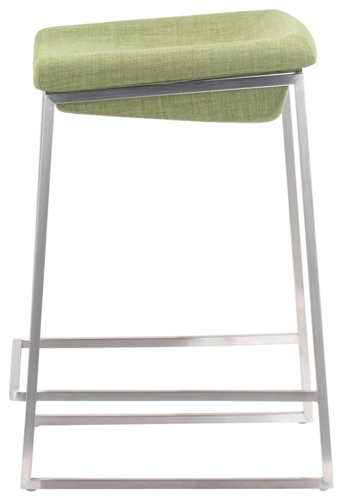 Counter Stool Chair, Set of 2, Steel Metal, Fabric, Green, Silver, Cafe Bistro