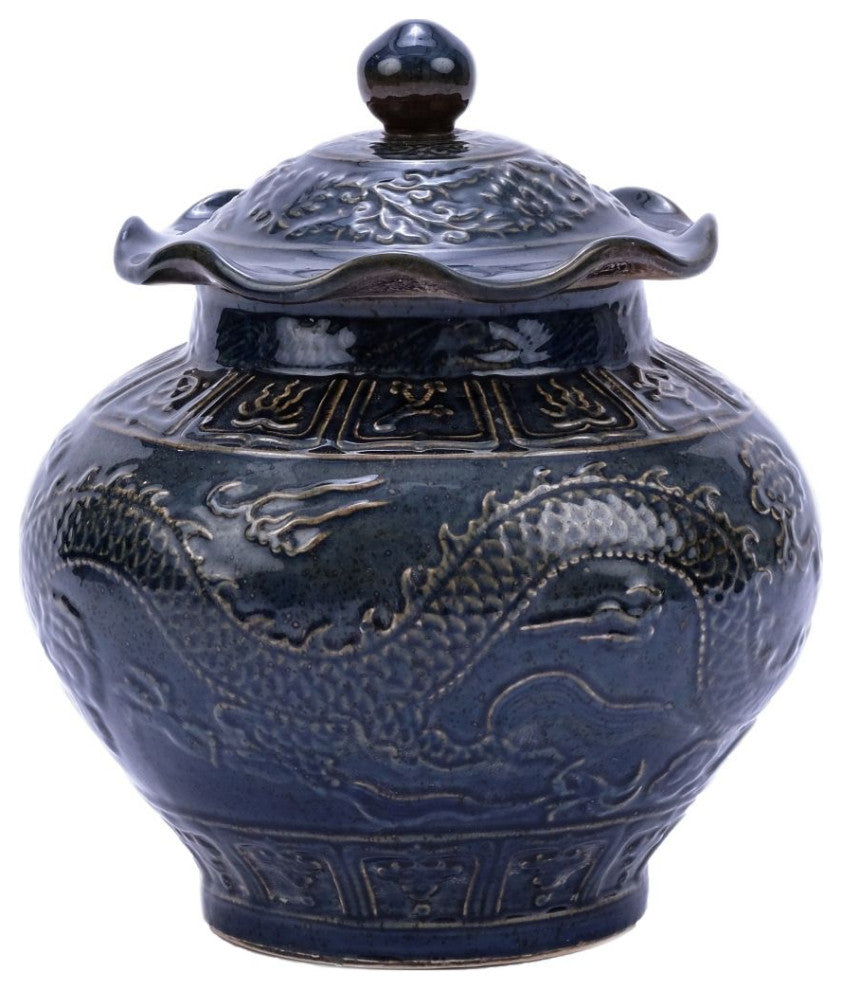 Carved Dragon Lotus Jar Speckled Indigo