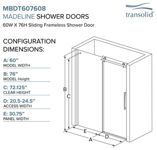 Madeline 60"x76" Frameless Shower Door with Fixed Panel in Brushed Stainless
