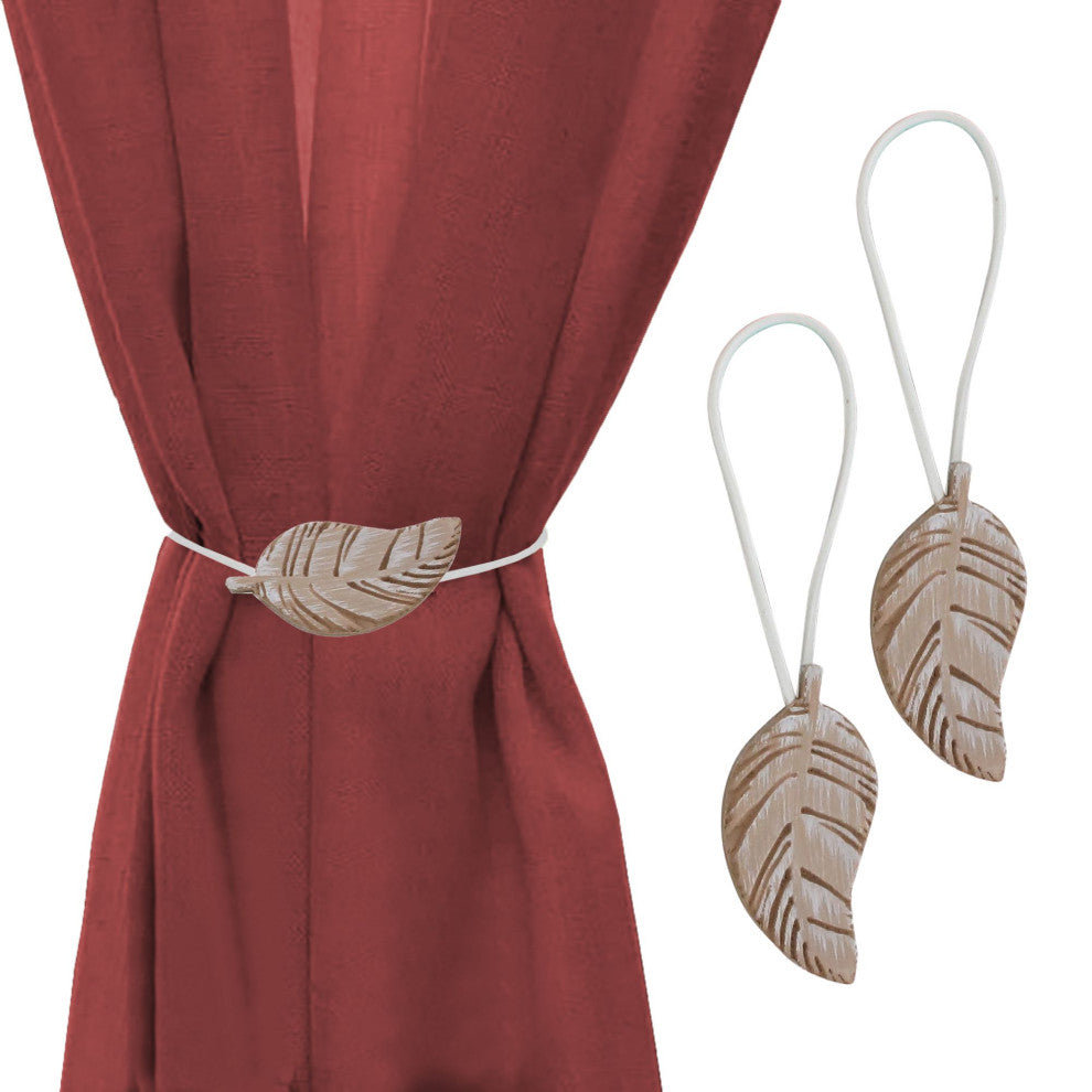 Magnetic Wooden Leaf Curtain Tiebacks, Natural, Pack of 2