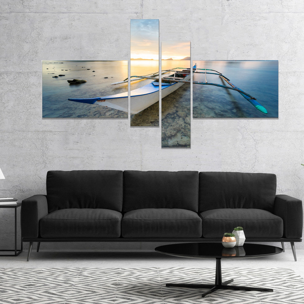 Boat Docked at Beautiful Sunset, Seashore Canvas Art Print, 60"x32", 4 panels