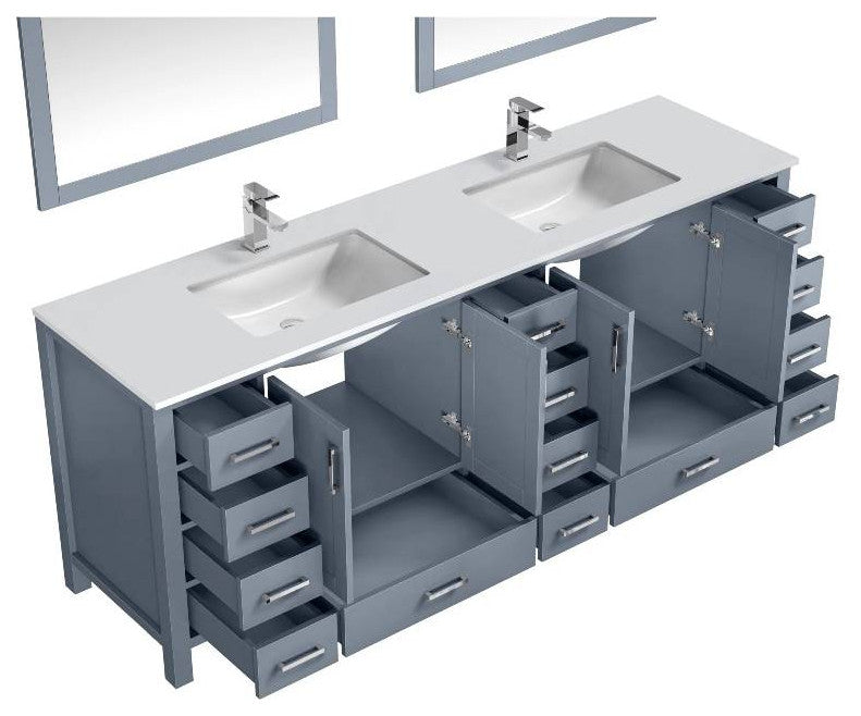 Jacques 84" Dark Grey Double Sink Vanity with Quartz Top, With Faucet and Mirror
