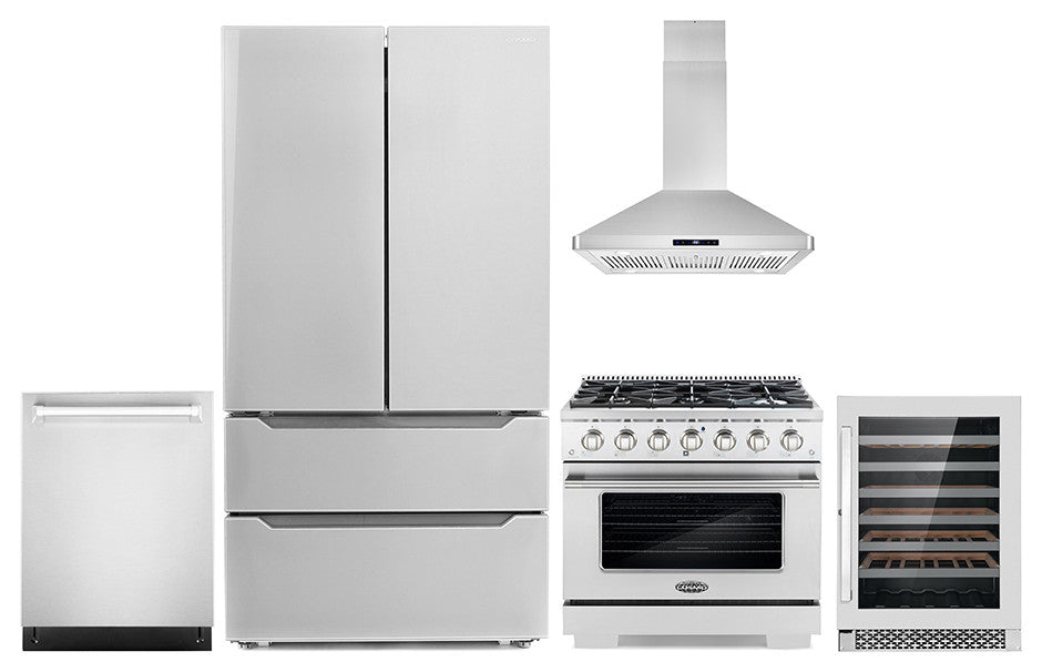 5-Piece Kitchen, 36" Freestanding Gas Range and 36" Island Range Hood