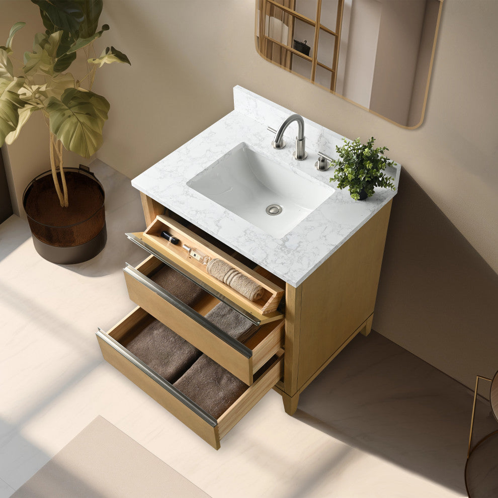 Vanity Art Bathroom Vanity With Sink, Natural Oak, 30" Single