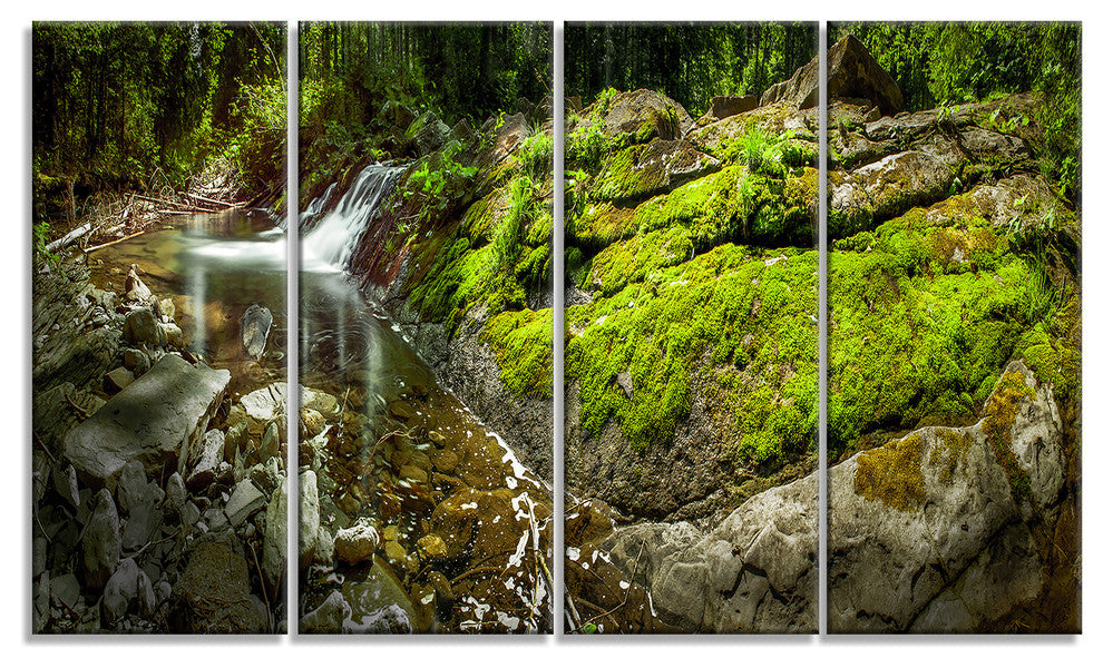 Creek Moss and Rocks Panorama, Landscape Canvas Art Print, 48"x28", 4 Panels