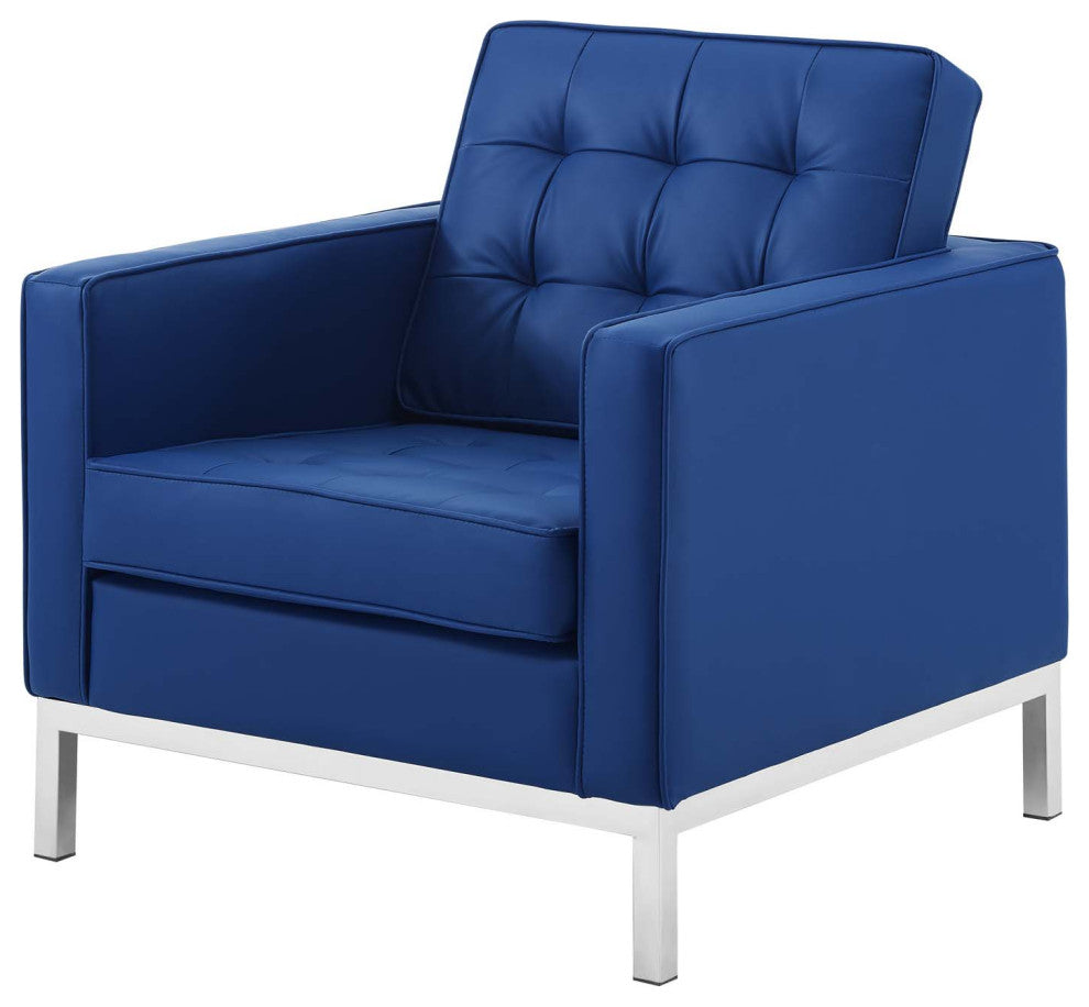 Tufted Armchair and Loveseat Sofa Set, Faux Leather, Silver Blue Navy, Modern