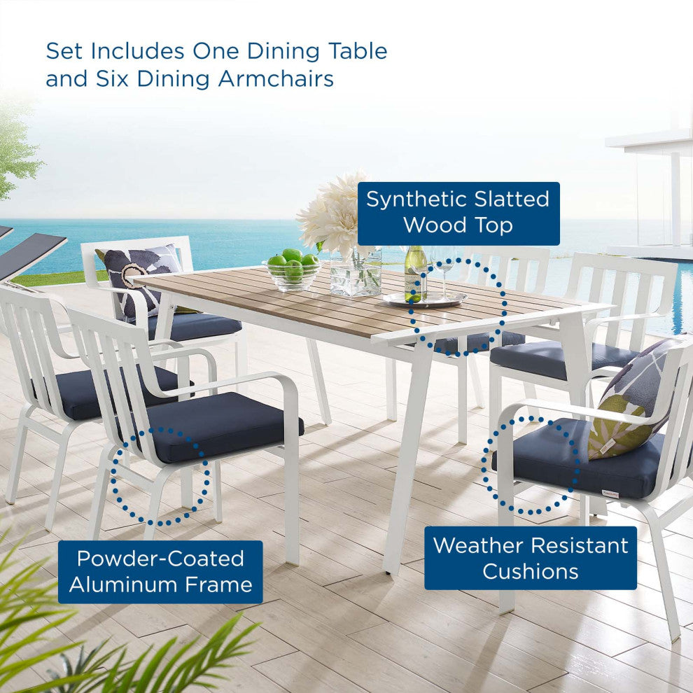 Side Dining Chair and Table Set, Aluminum, Metal, White Blue Navy, Outdoor