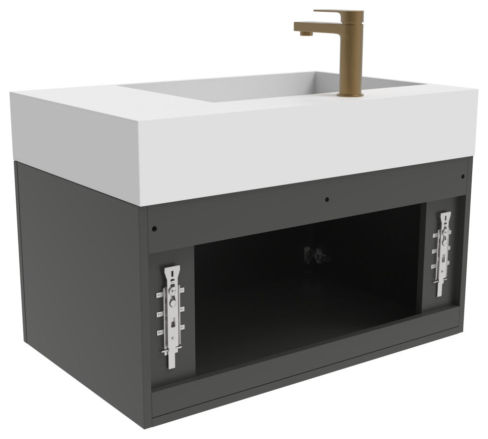 CastelloUSA Amazon 30" Left Wall Mounted Bathroom Vanity Set, Black, White Top, Gold Handles