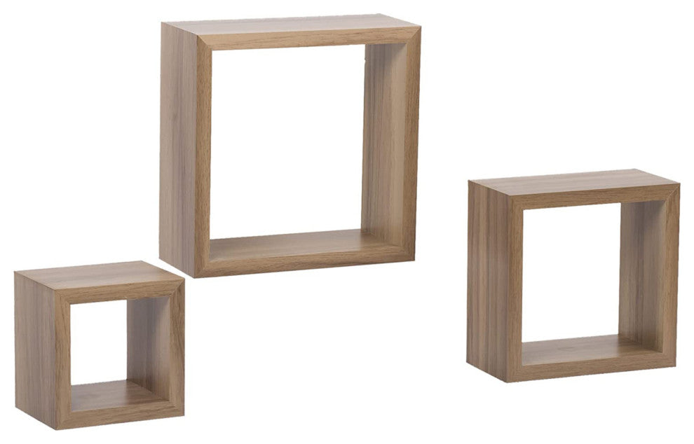 Set of Three Square Cubbi Floating Wall Shelves, 5", 7", 9", Brown