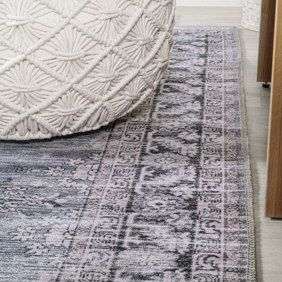 Wincer Chenille Cottage Medallion Washable Rug, Navy/Gray/Black, 5 X 8