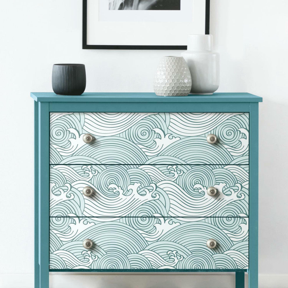 Teal & White Asian Waves Peel & Stick Wallpaper