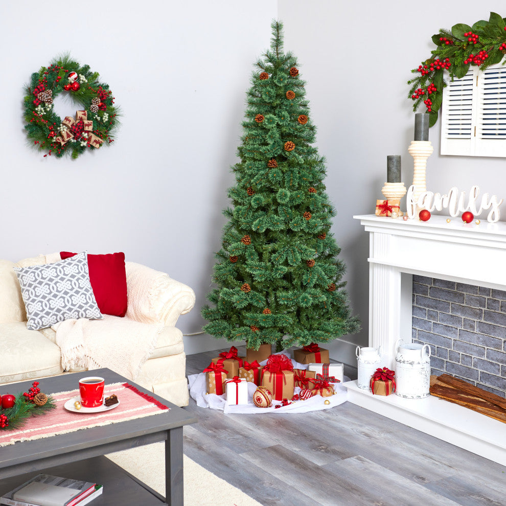 7' White Mountain Pine Faux Xmas Tree With 400 Clear LED Lights and Pine Cones