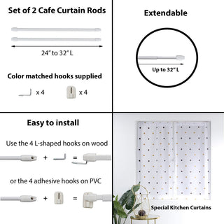 Bundle 2 Cafe Curtain Rods and 4 Self Adhesive Hooks, White, 24" to 32"