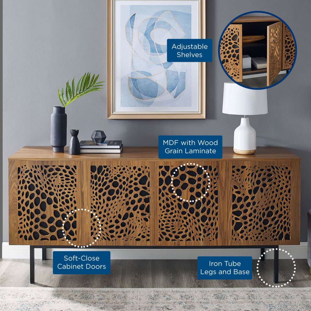 Media TV Stand Console Table, Rectangular, Wood, Metal, Brown Walnut, Modern
