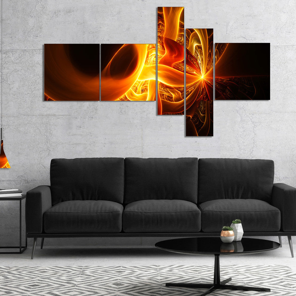 Bright Yellow Designs on Black, Abstract Wall Art Canvas, 60"x32", 5 panels