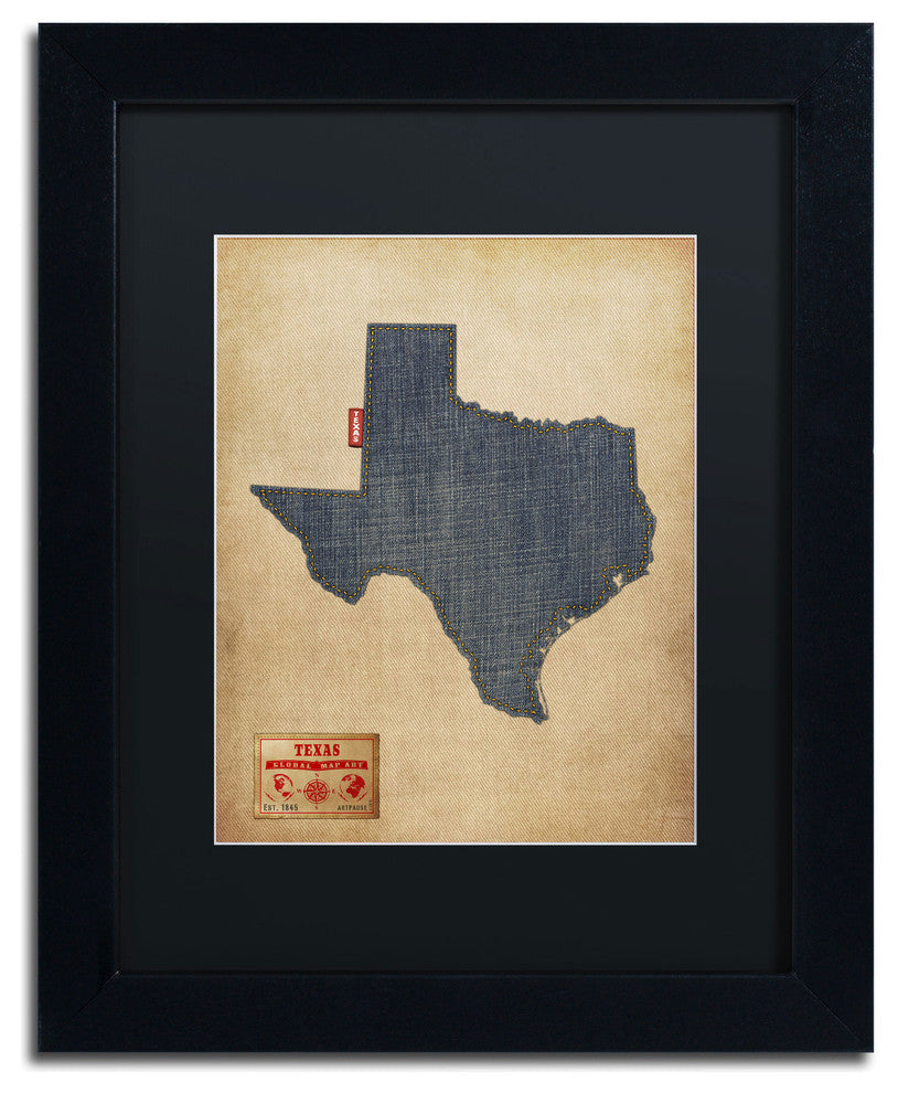 'Texas Map Denim Jeans Style' Matted Framed Canvas Art by Michael Tompsett