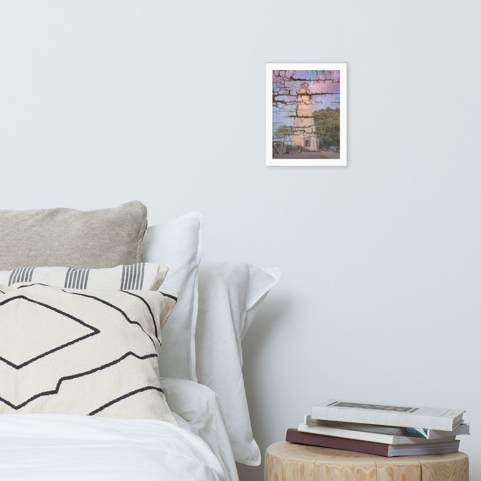 Faux Wood Texture Marblehead Lighthouse at Sunset Framed Photo Wall Art Print, White, 8" X 10"
