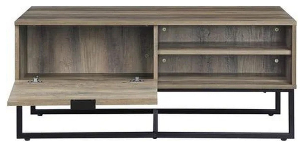 Benzara BM269084 Coffee Table With 2 Open Compartments & Tubular Frame Oak Brown