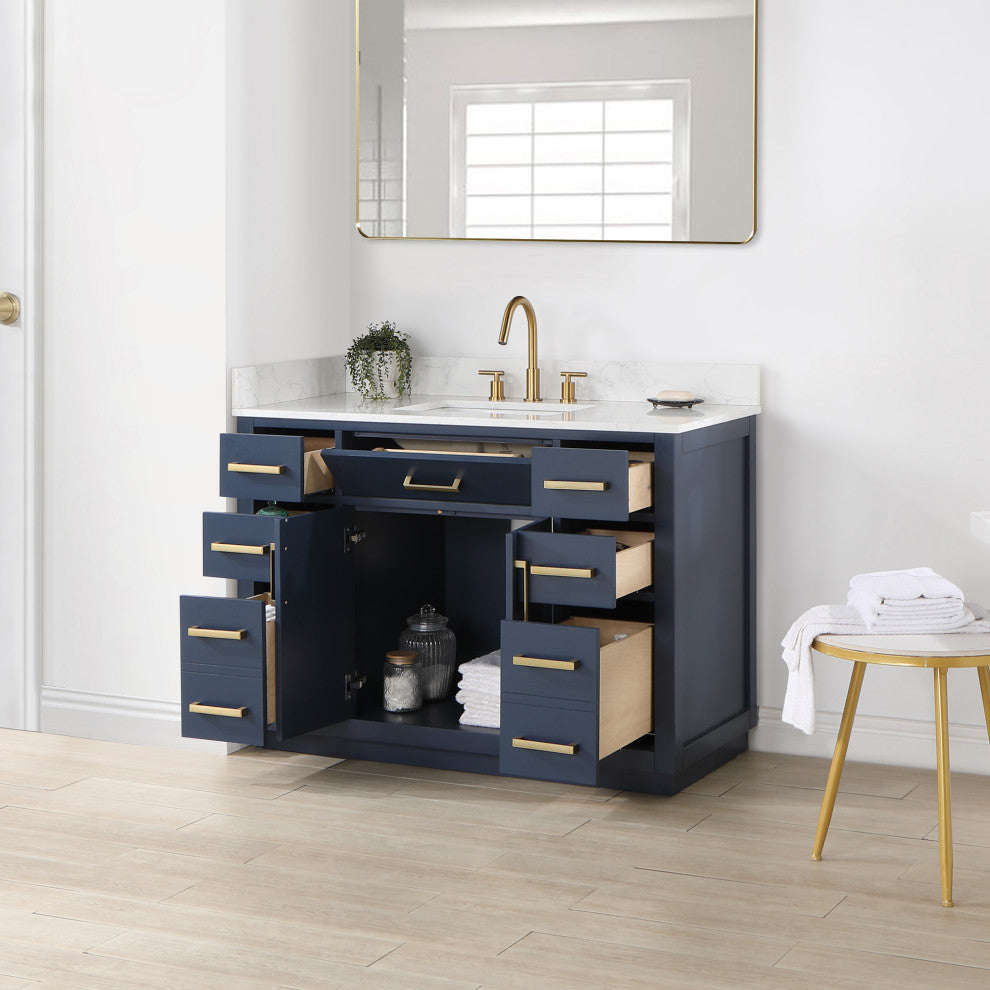Gavino Vanity With Grain White Composite Stone Top, Royal Blue/Brushed Gold, 48", No Mirror