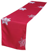 Christmas Red Table Runner Embroidered With White Snowflakes, 15x72