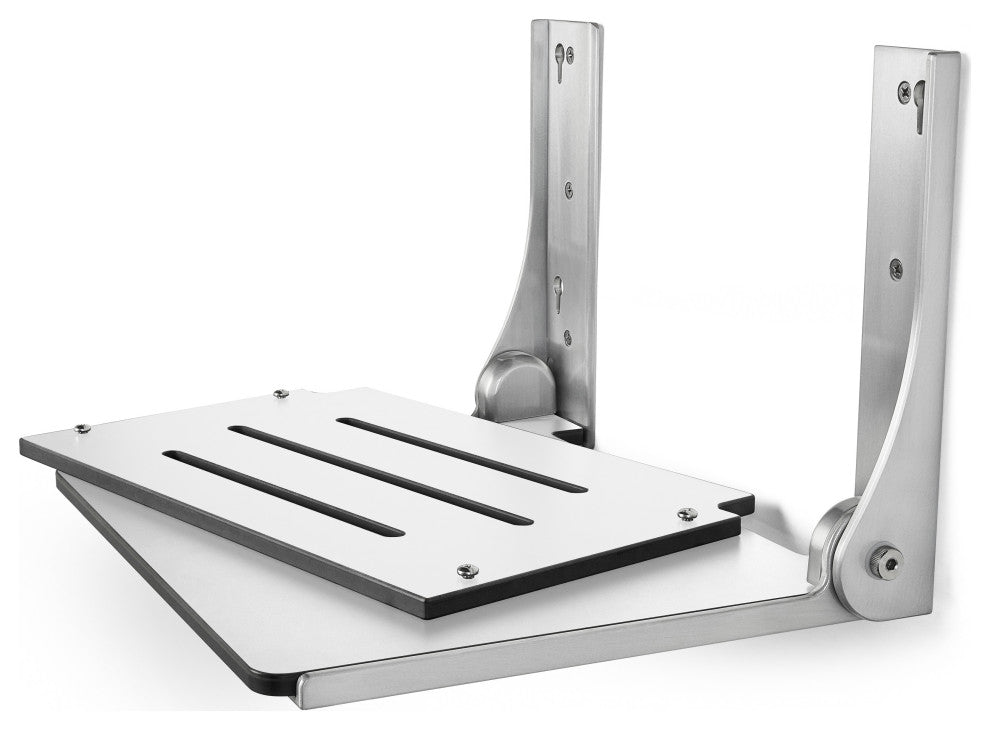 Silhouette Folding Wall Mount Shower Bench Seat, White Seat, Silver Frame