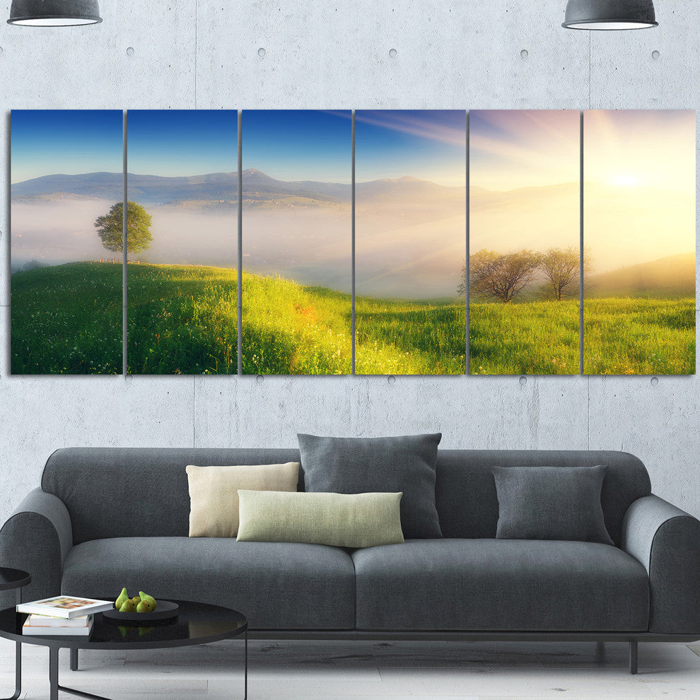 Morning Mist over Mountain Village, Landscape Canvas Print, 70"x28", 6 Panels