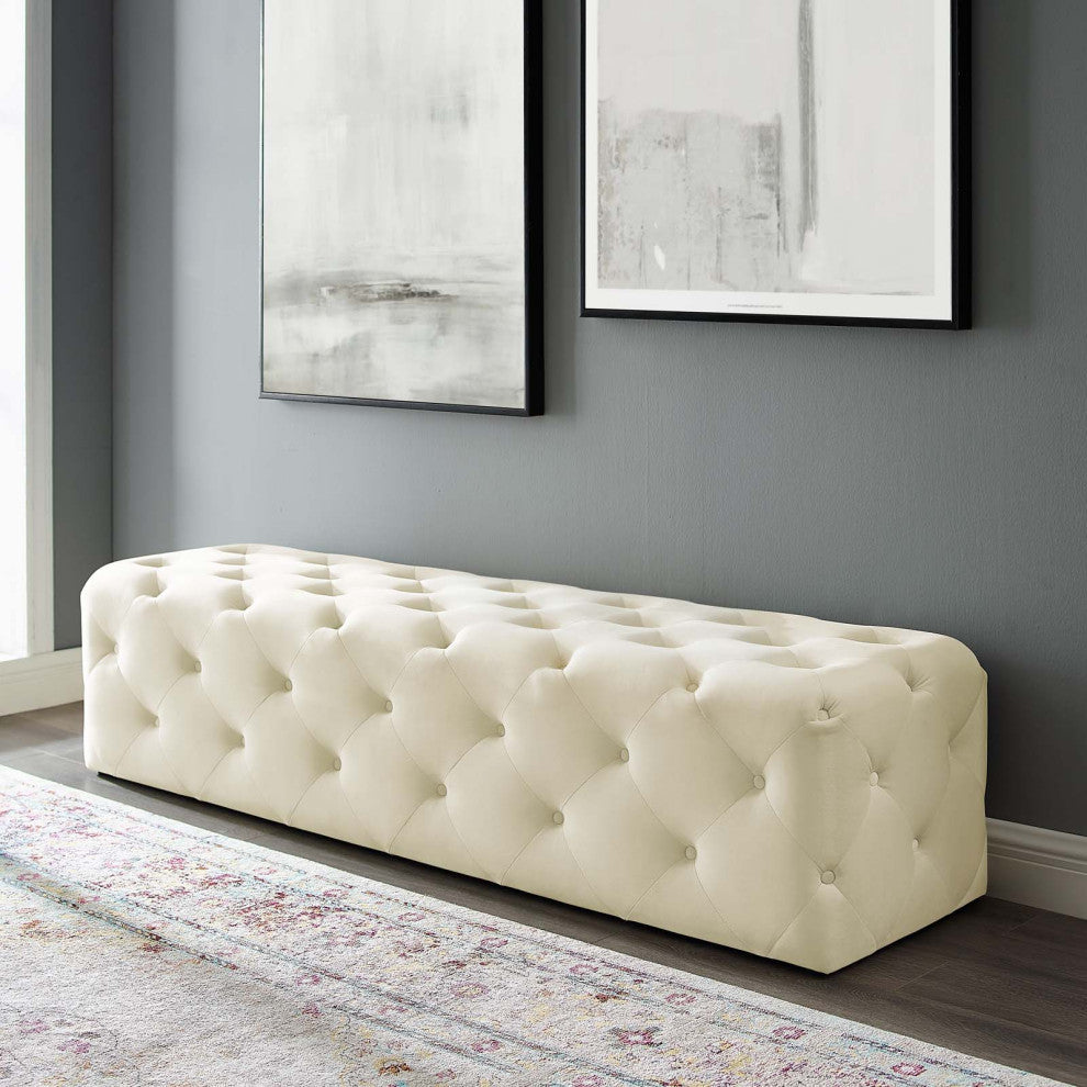 Tufted Accent Chair Bench, Velvet, Ivory White, Modern, Lounge Hospitality
