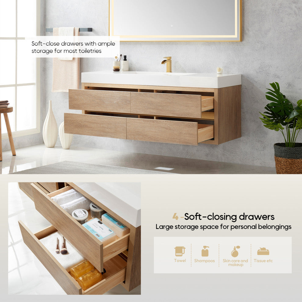 Palencia Floating Bath Vanity With Composite Stone Top, North American Oak, 60" Single Sink, With Mirror