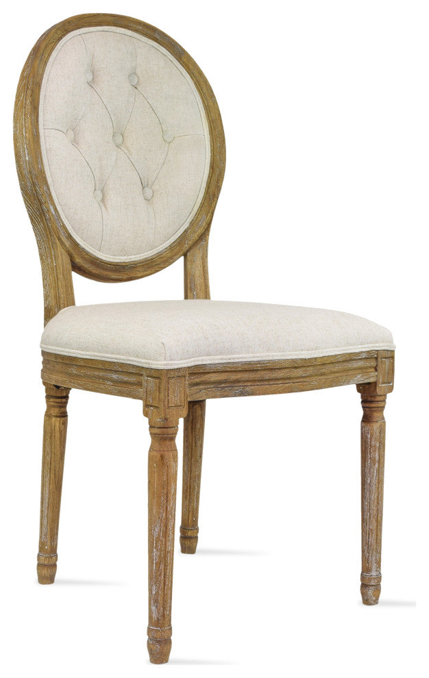 French Chic Vintage Style Dining Side Chair With Upholstered Linen Welted Fabric, Button Back