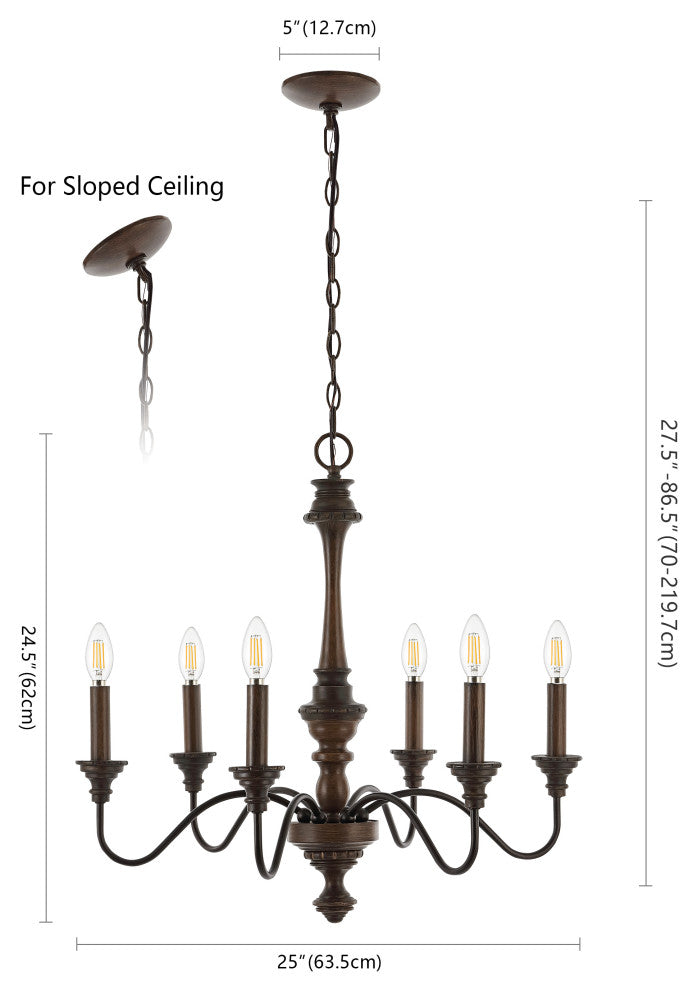 Victoria 29" 6-Light Rustic Midcentury Iron LED Chandelier, Brown