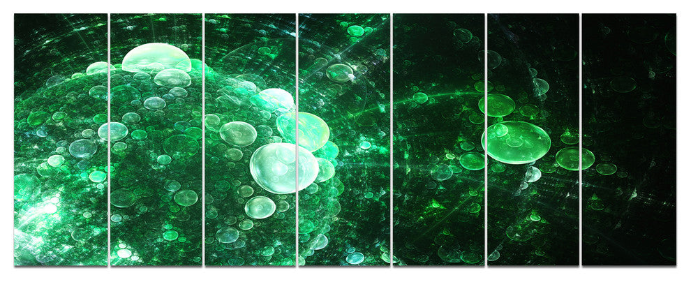 Green Spherical Water Droplets, Floral Canvas Art Print, 83"x32", 7 Panels