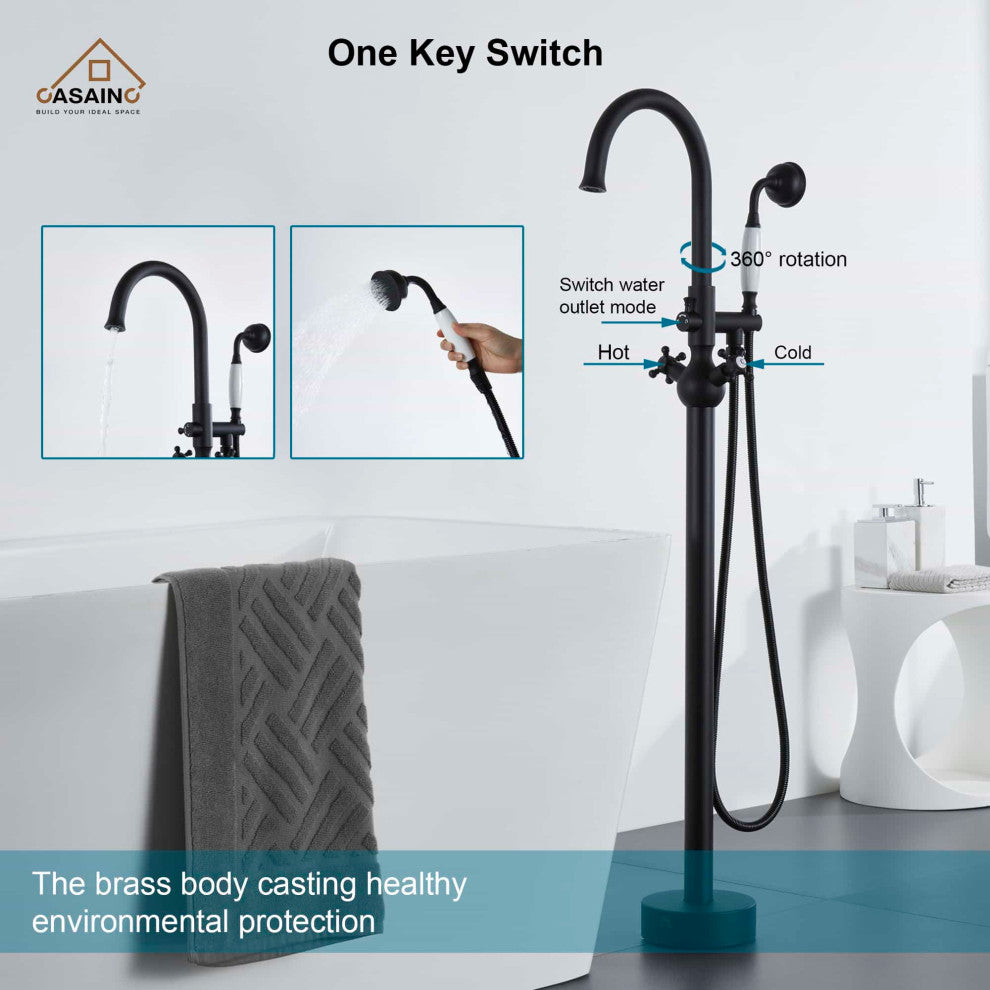 Freestanding Bathtub Faucet Hand Shower Vintage Floor-Mount Tub Faucet 2-Handle