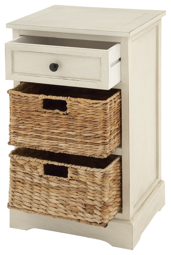Urban Designs Malibu 3-Drawer Night Stand With Wicker Baskets, White
